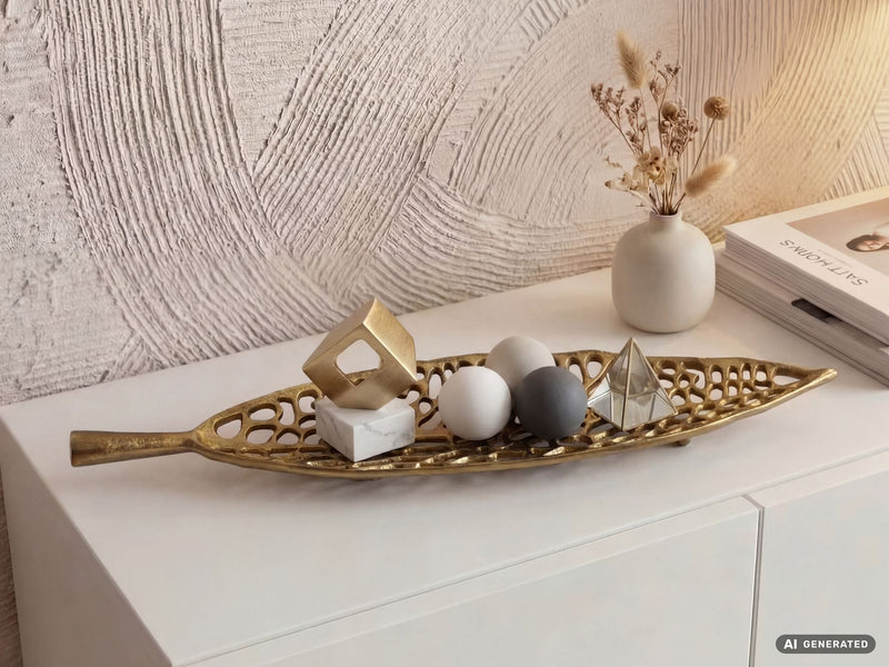 Dekoschale Blatt Gold 63 cm Aluminium handgefertigt fürs Wohnzimmer