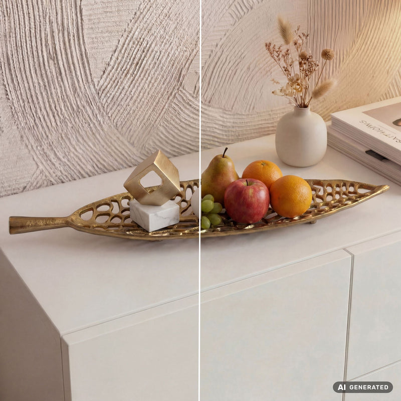 Dekoschale Blatt Gold 63 cm Aluminium handgefertigt fürs Wohnzimmer