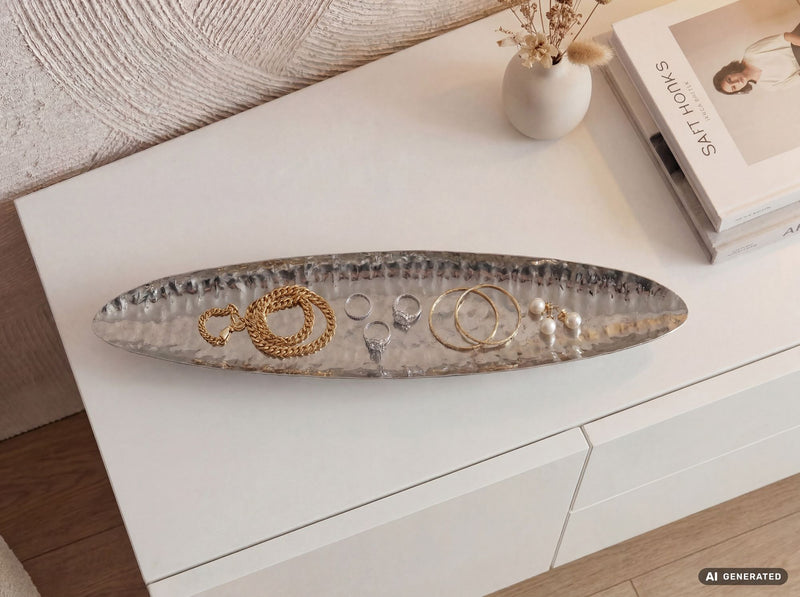 Dekoschale Oval Silber 65,5 cm aus Stahl, Wohnling Tischdeko