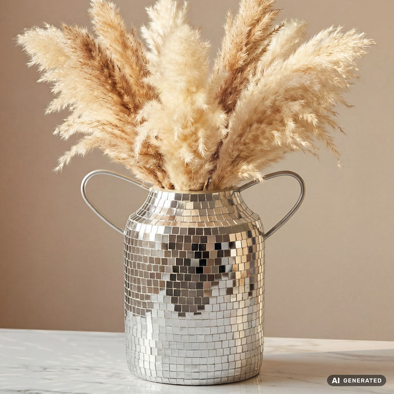 Tischvase Mosaik Silber mit Henkeln aus Aluminium im Disco-Design