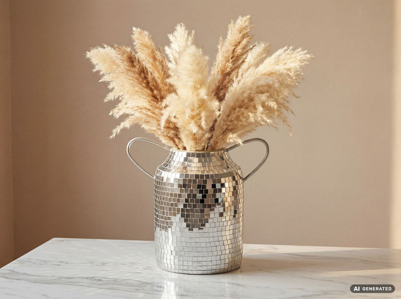 Tischvase Mosaik Silber mit Henkeln aus Aluminium im Disco-Design