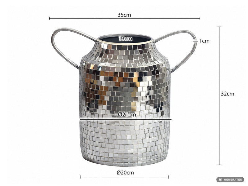 Tischvase Mosaik Silber mit Henkeln aus Aluminium im Disco-Design