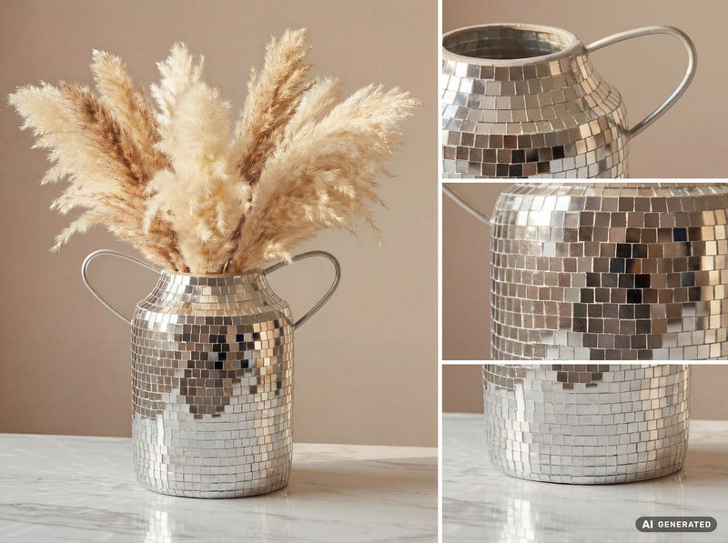 Tischvase Mosaik Silber mit Henkeln aus Aluminium im Disco-Design