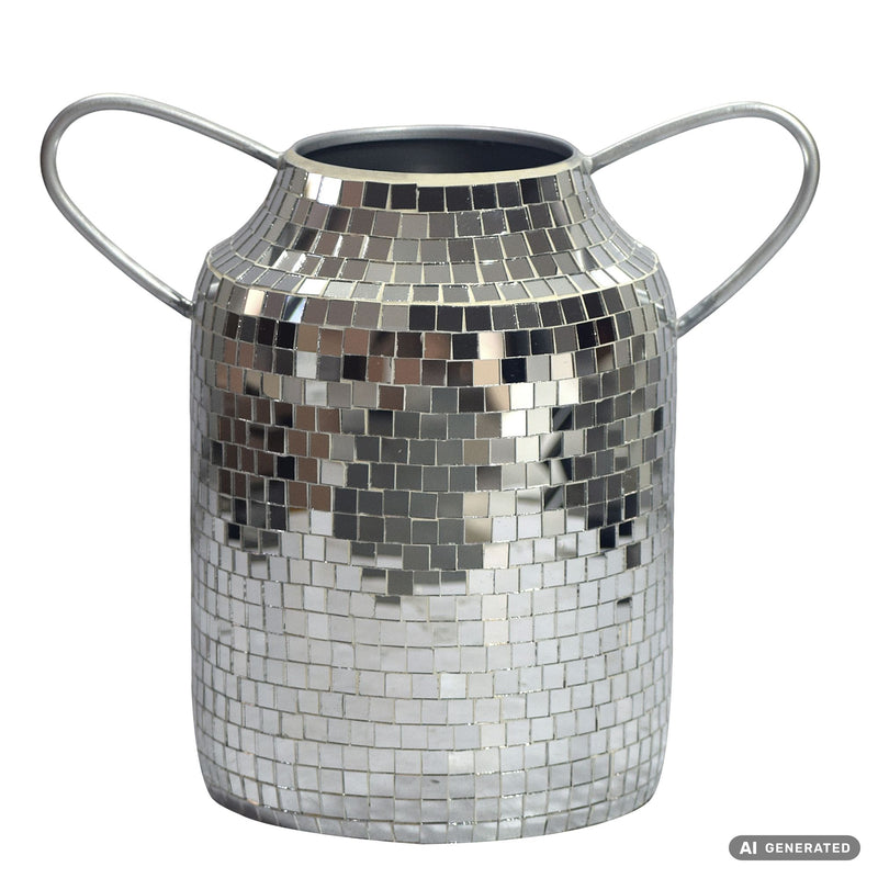 Tischvase Mosaik Silber mit Henkeln aus Aluminium im Disco-Design