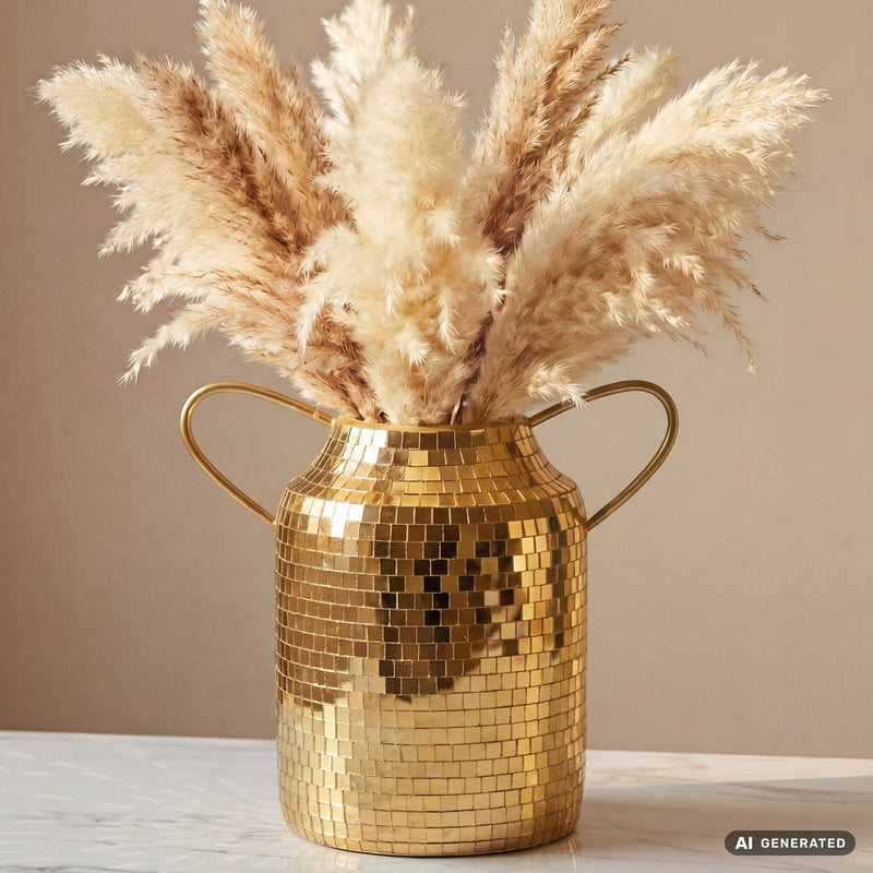 Tischvase Aluminium Gold 32 cm im Mosaik-Disco-Design mit Henkel