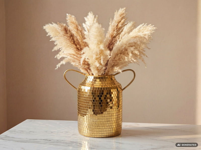 Tischvase Aluminium Gold 32 cm im Mosaik-Disco-Design mit Henkel