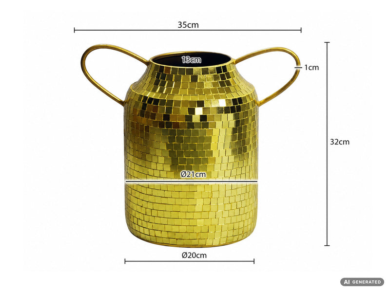 Tischvase Aluminium Gold 32 cm im Mosaik-Disco-Design mit Henkel