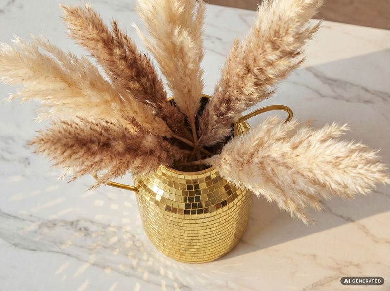 Tischvase Aluminium Gold 32 cm im Mosaik-Disco-Design mit Henkel