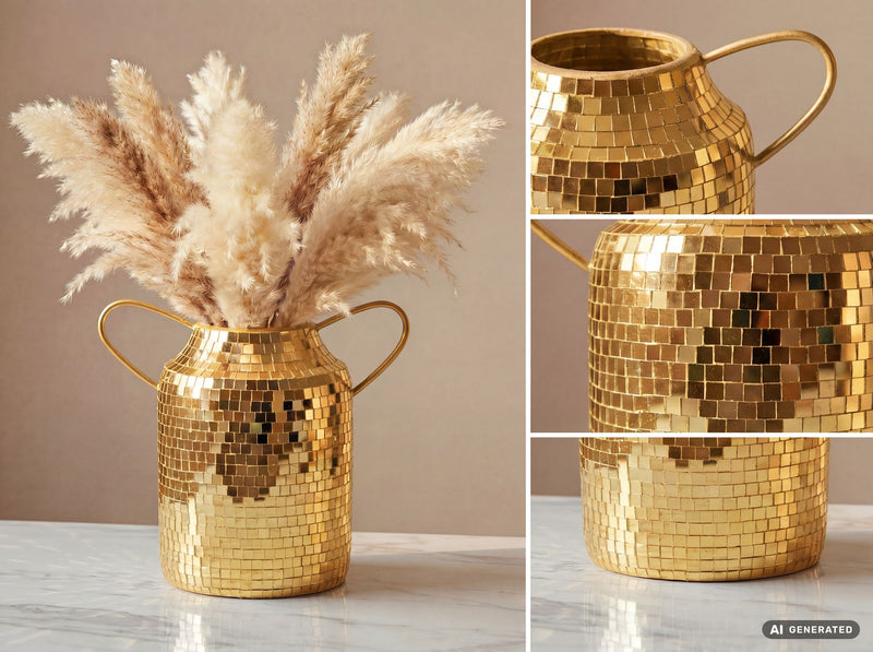 Tischvase Aluminium Gold 32 cm im Mosaik-Disco-Design mit Henkel