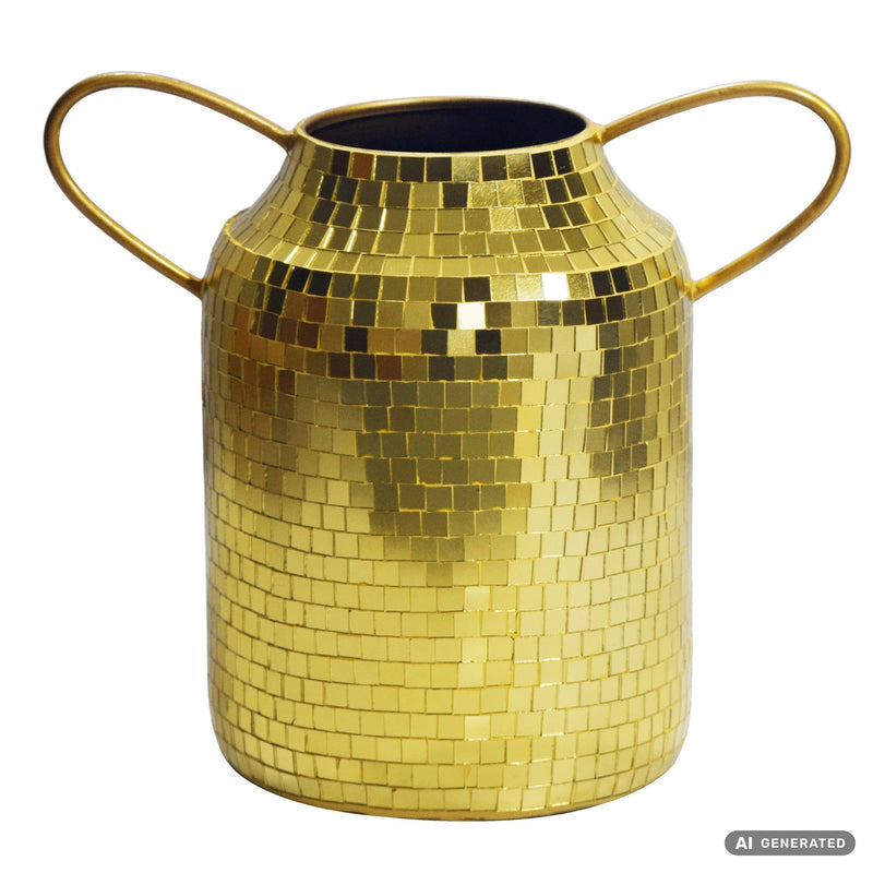 Tischvase Aluminium Gold 32 cm im Mosaik-Disco-Design mit Henkel