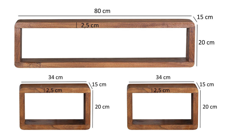 Standregale 3er Set Sheesham Massivholz Würfelregal Wohnling