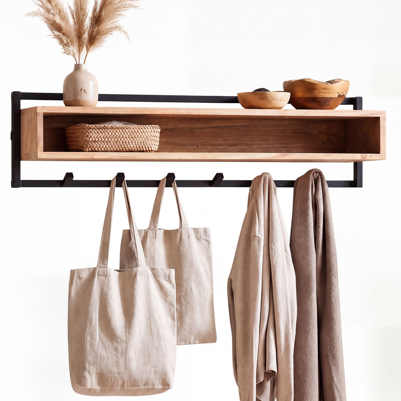 Wandgarderobe Akazie Massivholz 90 cm mit Ablage & 6 Haken, Industrial
