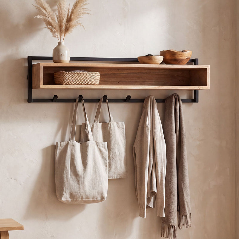 Wandgarderobe Akazie Massivholz 90 cm mit Ablage & 6 Haken, Industrial