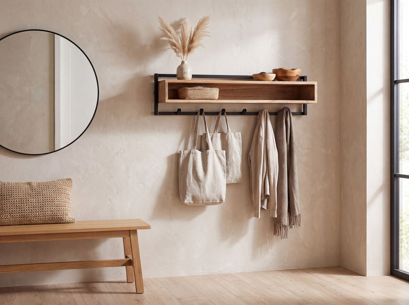 Wandgarderobe Akazie Massivholz 90 cm mit Ablage & 6 Haken, Industrial