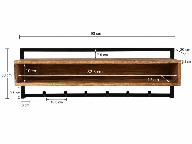 Wandgarderobe Akazie Massivholz 90 cm mit Ablage & 6 Haken, Industrial