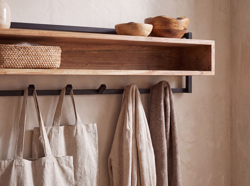 Wandgarderobe Akazie Massivholz 90 cm mit Ablage & 6 Haken, Industrial