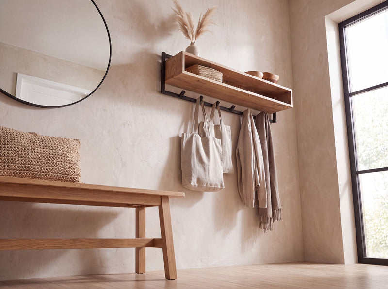 Wandgarderobe Akazie Massivholz 90 cm mit Ablage & 6 Haken, Industrial