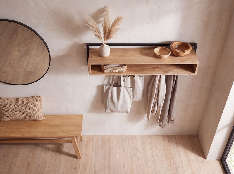Wandgarderobe Akazie Massivholz 90 cm mit Ablage & 6 Haken, Industrial