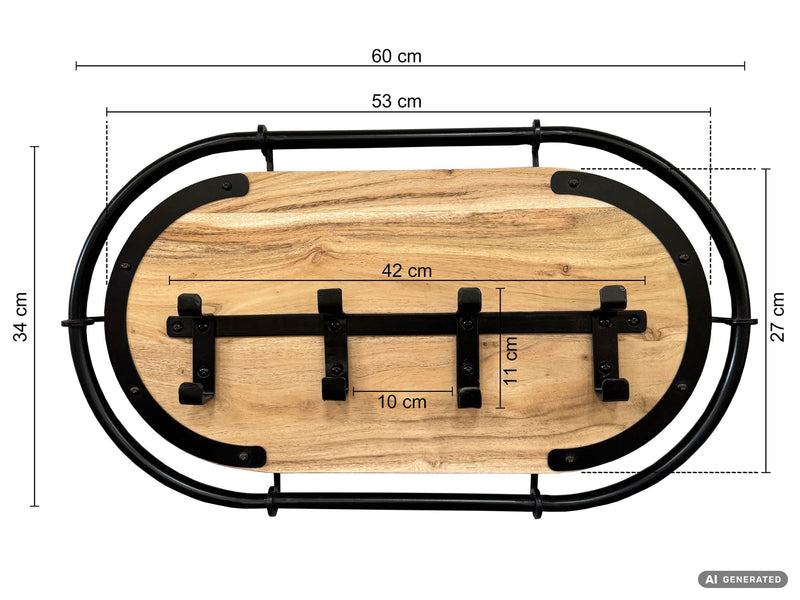 Wandgarderobe Akazie 60 cm mit 4 Haken – Massivholz-Garderobenpaneel
