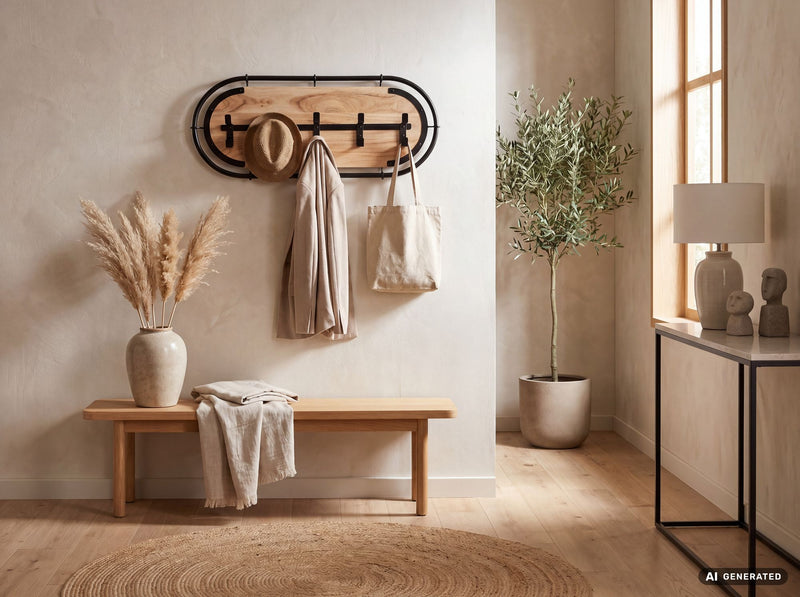 Wandgarderobe Akazie Massivholz 80 cm mit 5 Doppelhaken von Wohnling