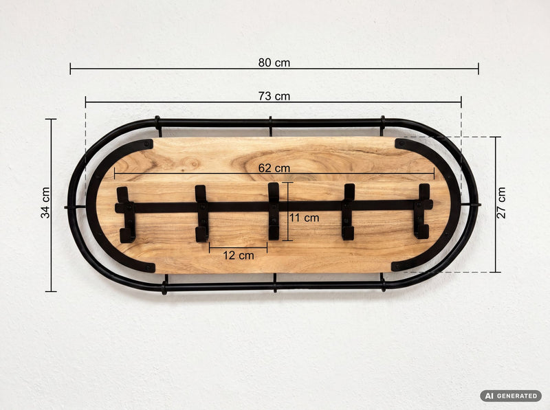 Wandgarderobe Akazie Massivholz 80 cm mit 5 Doppelhaken von Wohnling