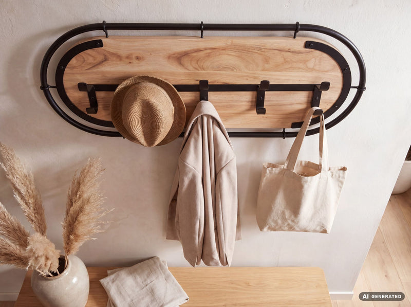 Wandgarderobe Akazie Massivholz 80 cm mit 5 Doppelhaken von Wohnling