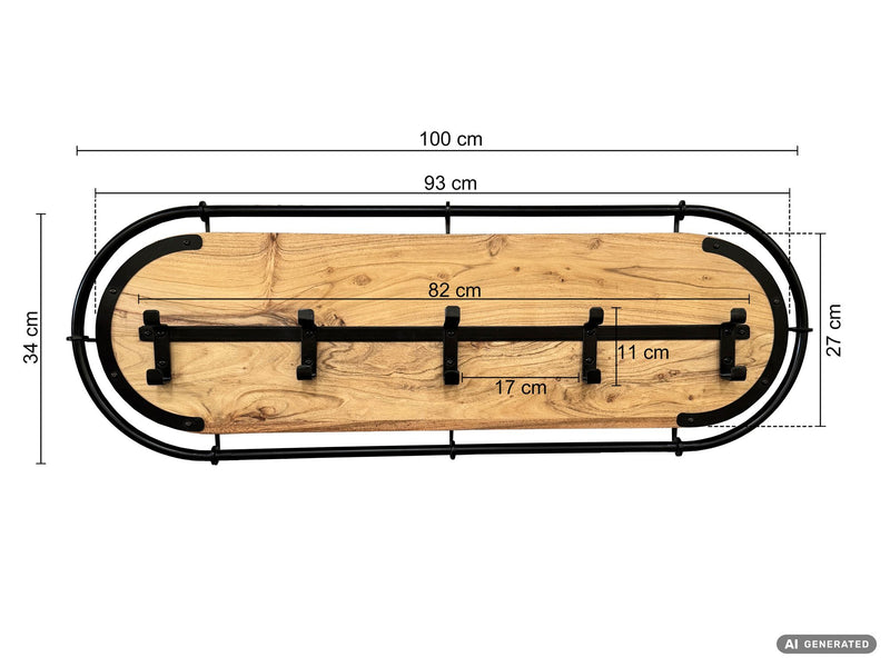 Wandgarderobe Akazie Massivholz 100 cm mit 5 Haken, Schwarz-Braun