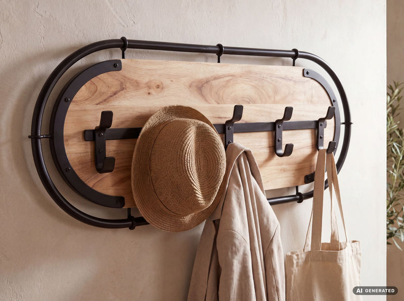 Wandgarderobe Akazie Massivholz 100 cm mit 5 Haken, Schwarz-Braun