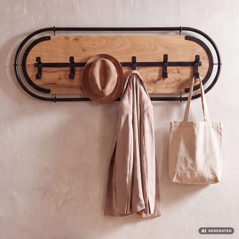 Wandgarderobe Akazie Massivholz 120 cm mit 6 Haken, Metallrahmen