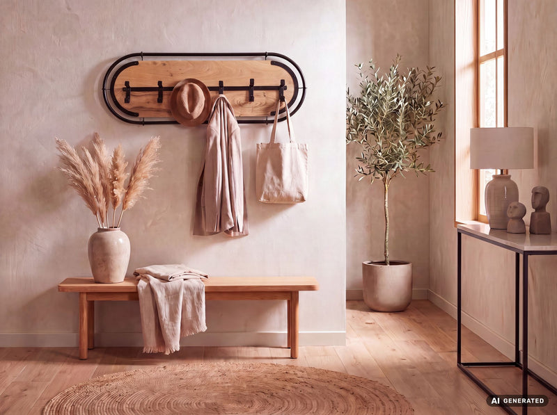 Wandgarderobe Akazie Massivholz 120 cm mit 6 Haken, Metallrahmen