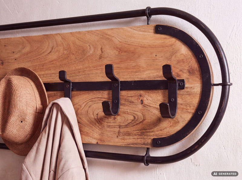 Wandgarderobe Akazie Massivholz 120 cm mit 6 Haken, Metallrahmen