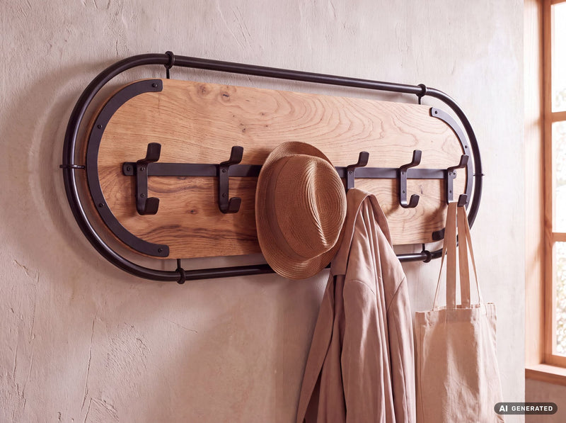 Wandgarderobe Akazie Massivholz 120 cm mit 6 Haken, Metallrahmen