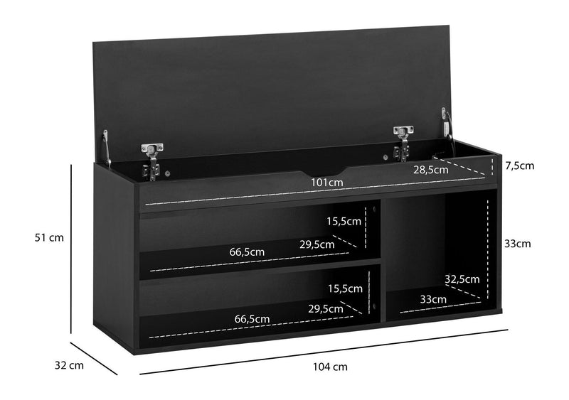 Schuhbank mit Sitzfläche für den Flur, 104x51x32 cm, Stoffsitz Schwarz