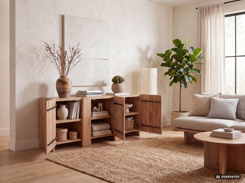 Sideboard Akazie 165 cm Massivholz, Wohnling Anrichte mit 3 Türen