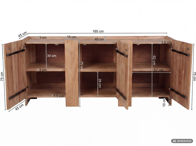 Sideboard Akazie 165 cm Massivholz, Wohnling Anrichte mit 3 Türen