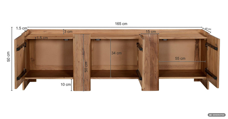 Sideboard Akazie 165 cm mit 3 Türen, Wohnling Massivholz-Anrichte