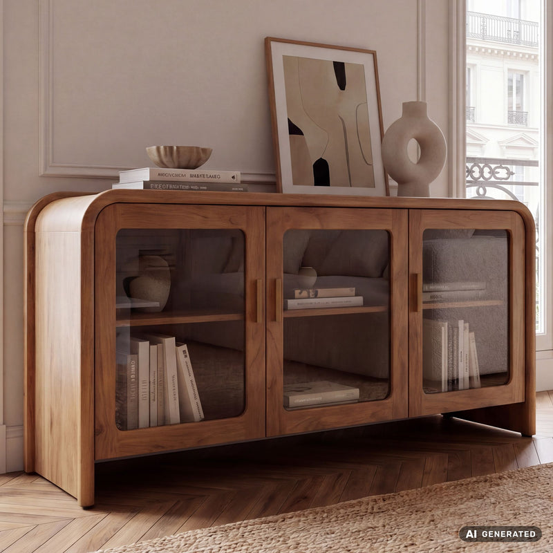 Sideboard Mango 160 cm aus Massivholz mit Glastüren, Wohnling Anrichte