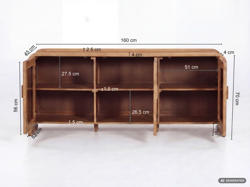 Sideboard Mango 160 cm aus Massivholz mit Glastüren, Wohnling Anrichte