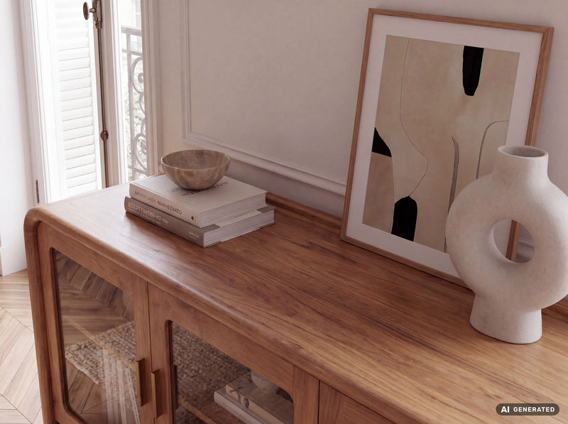 Sideboard Mango 160 cm aus Massivholz mit Glastüren, Wohnling Anrichte