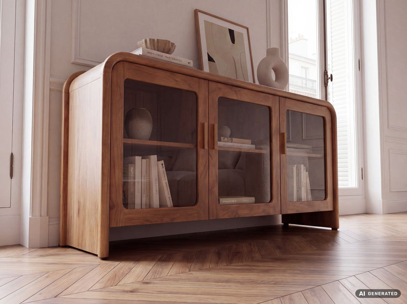 Sideboard Mango 160 cm aus Massivholz mit Glastüren, Wohnling Anrichte