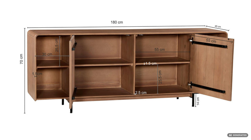 Sideboard Mango 180cm Massivholz mit Push-to-Open, Wohnzimmer-Anrichte
