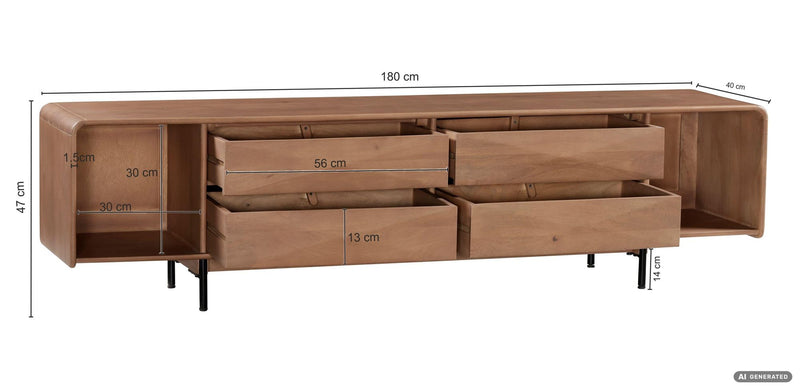 Lowboard Mango Massivholz 180 cm mit 4 Schubladen, TV-Kommode Handmade