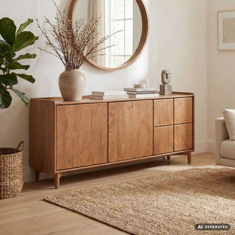 Sideboard Mango Massivholz 160 cm, Anrichte mit Push-to-Open-System