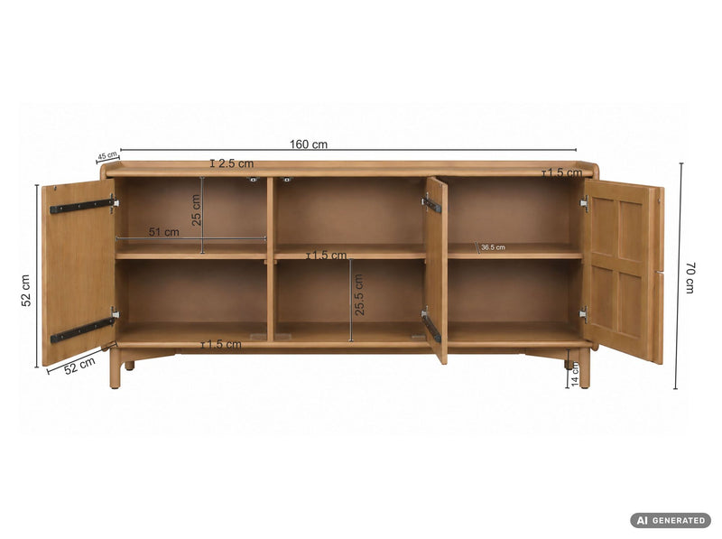 Sideboard Mango Massivholz 160 cm, Anrichte mit Push-to-Open-System