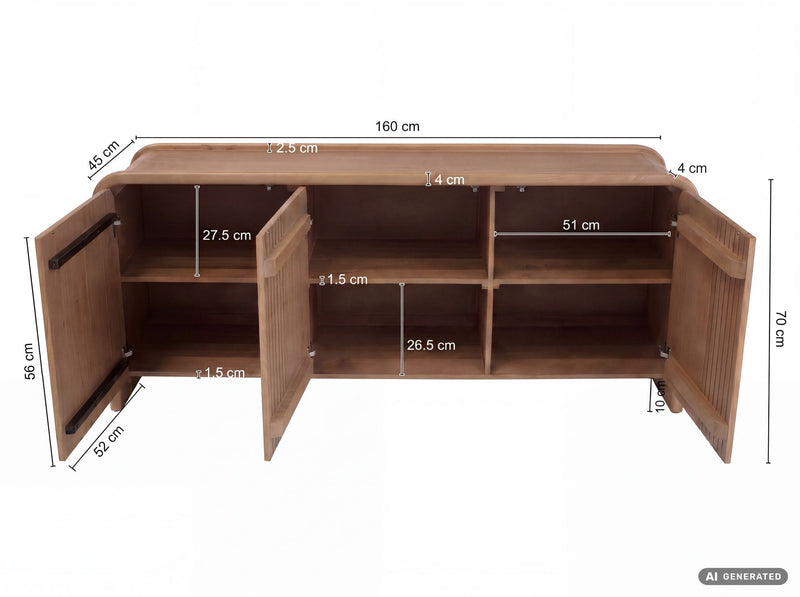 Sideboard Mango Massivholz 160 cm mit 3 Türen, Push-to-Open
