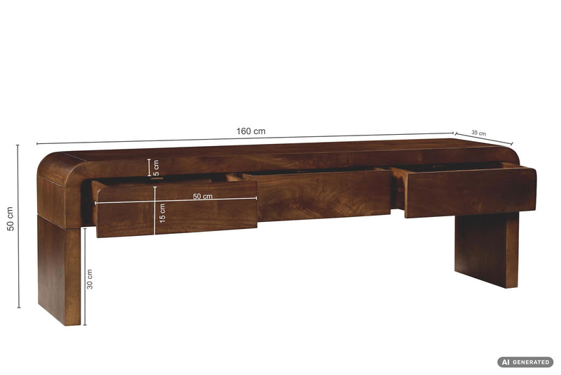 Lowboard Mango Massivholz 160 cm mit 3 Schubladen, grifflos