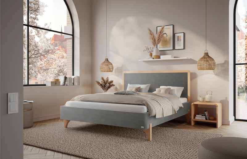 Hasena Polsterbett Aurelia in Eiche bright mit Bezug Monet Steel