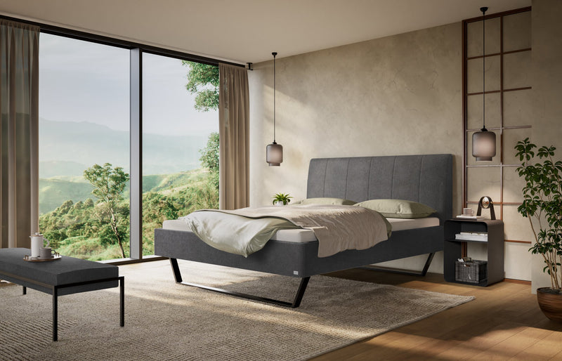Hasena Polsterbett Juliana in Pace Grey mit schwarzen Metallkufen
