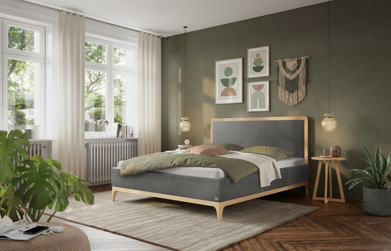Hasena Polsterbett Soledad Eiche bright mit Stoffbezug Monet steel