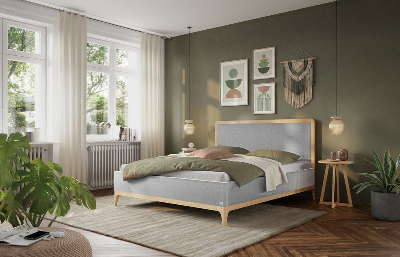 Hasena Polsterbett Soledad Eiche bright mit Bezug Pace Light Grey